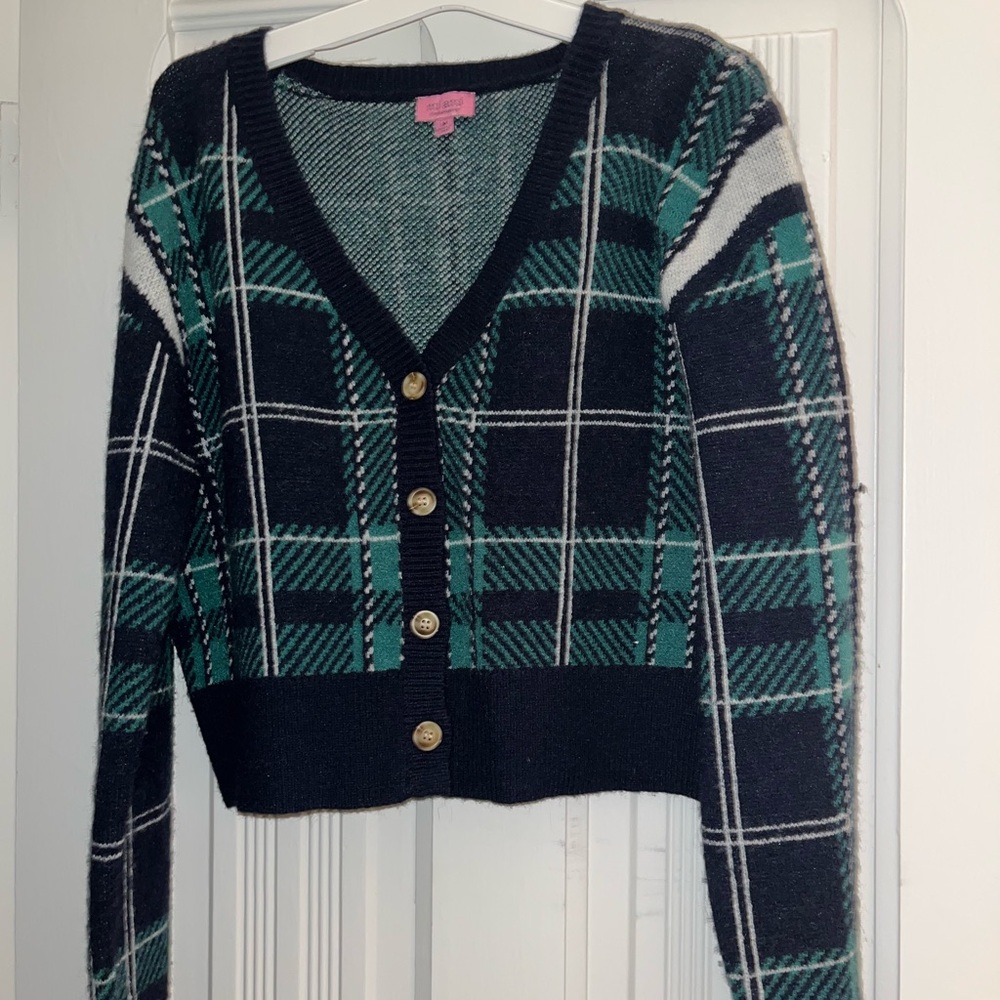 Plaid V-Neck Cardigan Sweater - Green and Black